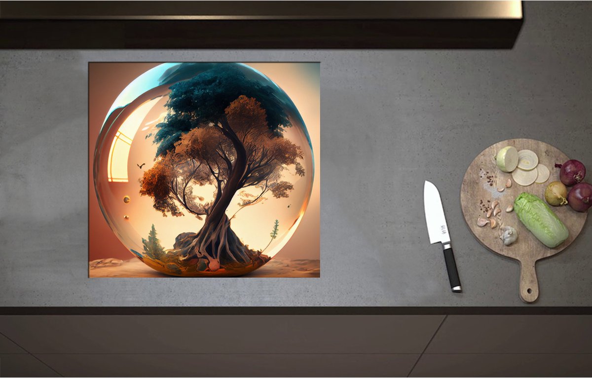 Inductieplaat Beschermer - Bruine en Blauwe Boom Groeiend in Glazen Bol - 59x55 cm - 2 mm Dik - Inductie Beschermer - Bescherming Inductiekookplaat - Kookplaat Beschermer van Wit Vinyl
