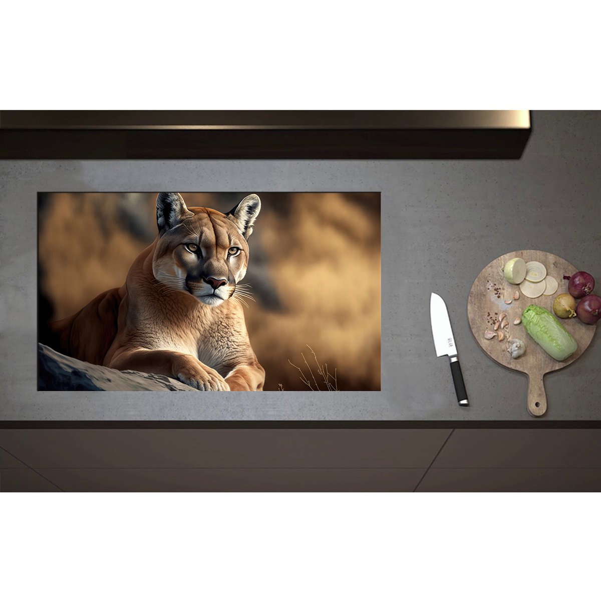 Inductieplaat Beschermer - Cartoon van Puma Liggend op Grijze Rots in Natuurgebied - 85x50 cm - 2 mm Dik - Inductie Beschermer - Bescherming Inductiekookplaat - Kookplaat Beschermer van Wit Vinyl
