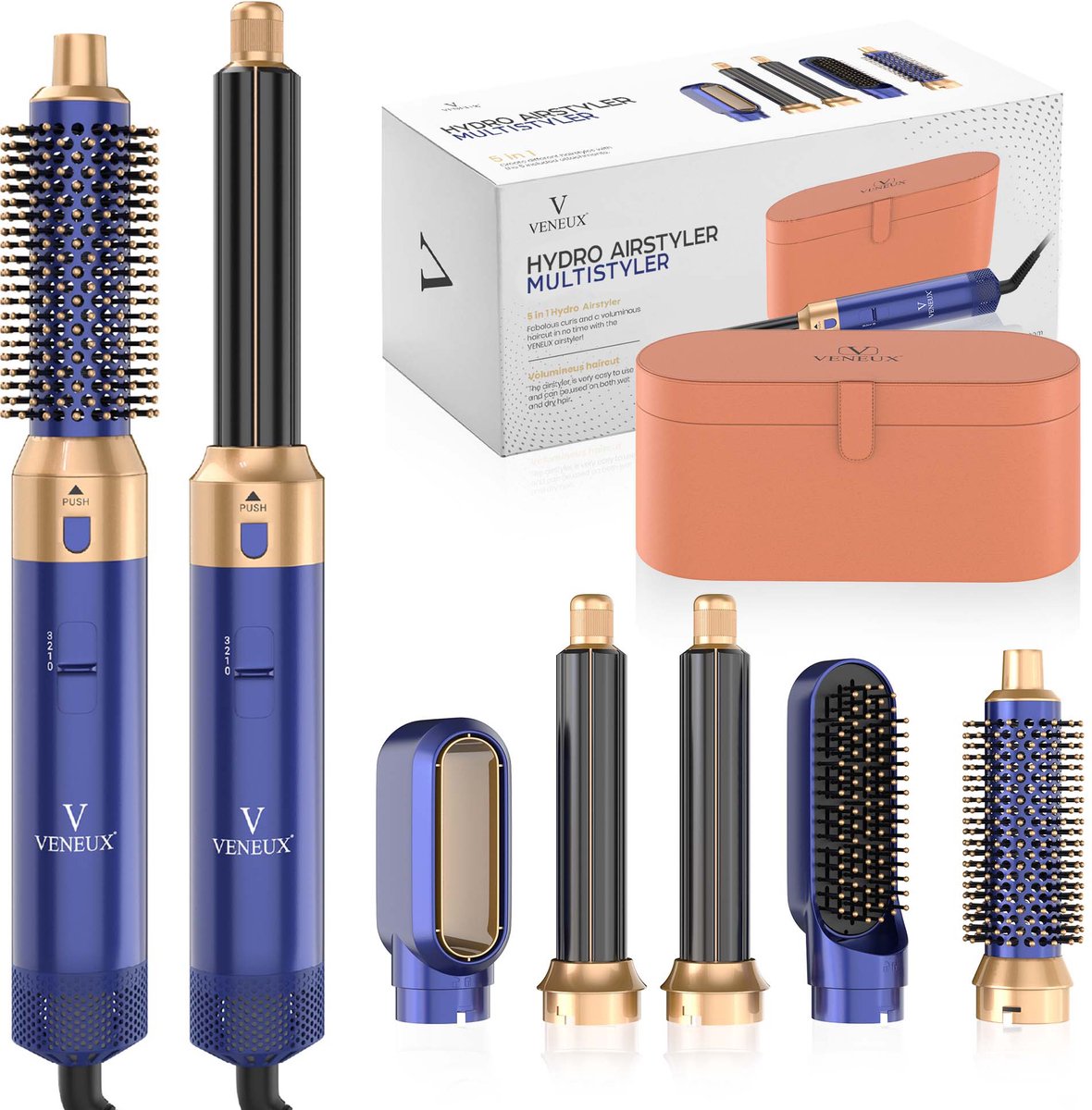 VENEUX® Föhnborstel - Airstyler - Krulborstel - Warmteborstel - 5 in 1 Multistyler - Met Opbergcase - Blauw Met Goud