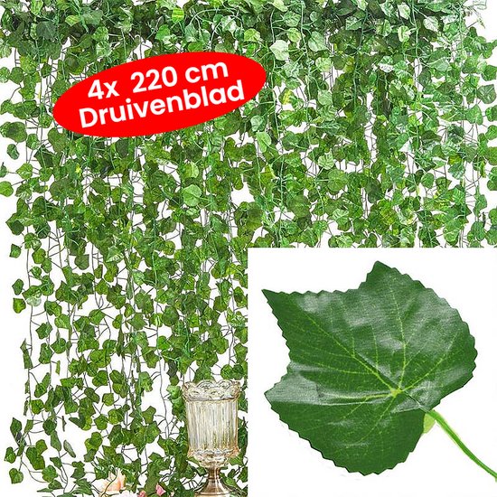 Quatre guirlandes de feuilles de vigne de 220 cm avec des feuilles vertes.