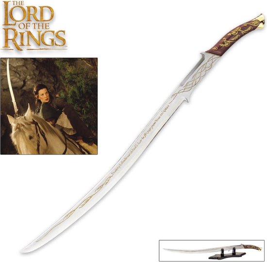 L'épée Hadhafang d'Arwen Evenstar du Seigneur des Anneaux, avec manche marron, ornement doré et runes elfiques.