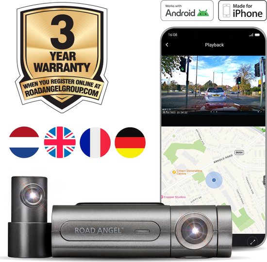 Road Angel Halo Pro64 Dashcam voor Auto - Voor en Achtercamera - Wifi – 1520p Full HD Autocamera Voor - 1080p Camera Achter - Inclusief 64GB SD kaart - Looprecording - Nachtzicht - beeldstabilisatie