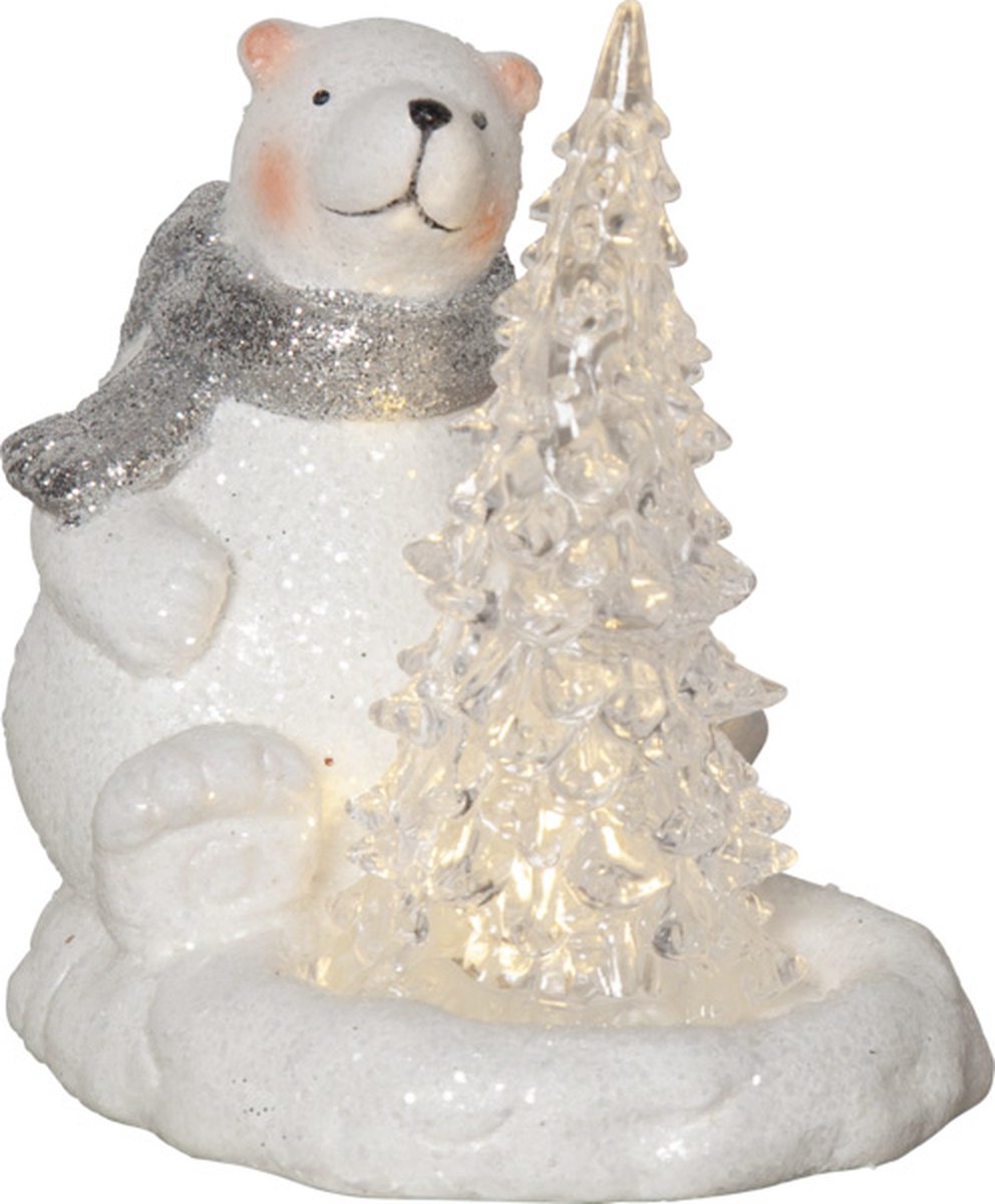 Star Trading ijsbeer met besneeuwde kerstboom - LED - 14 x 10 x 14 cm - kunststof - op batterijen