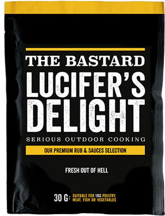 The Bastard Lucifer's Delight kruidenmix, 30g, met felgele en zwarte verpakking.
