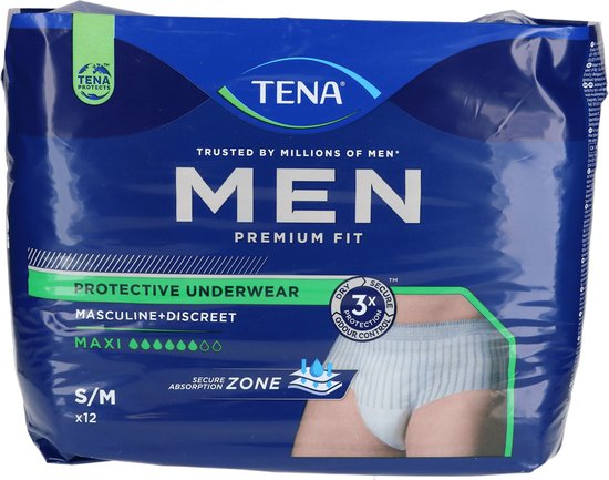 Verpakking TENA Men Premium Fit beschermend ondergoed, S/M, wit met blauwe en groene accenten.