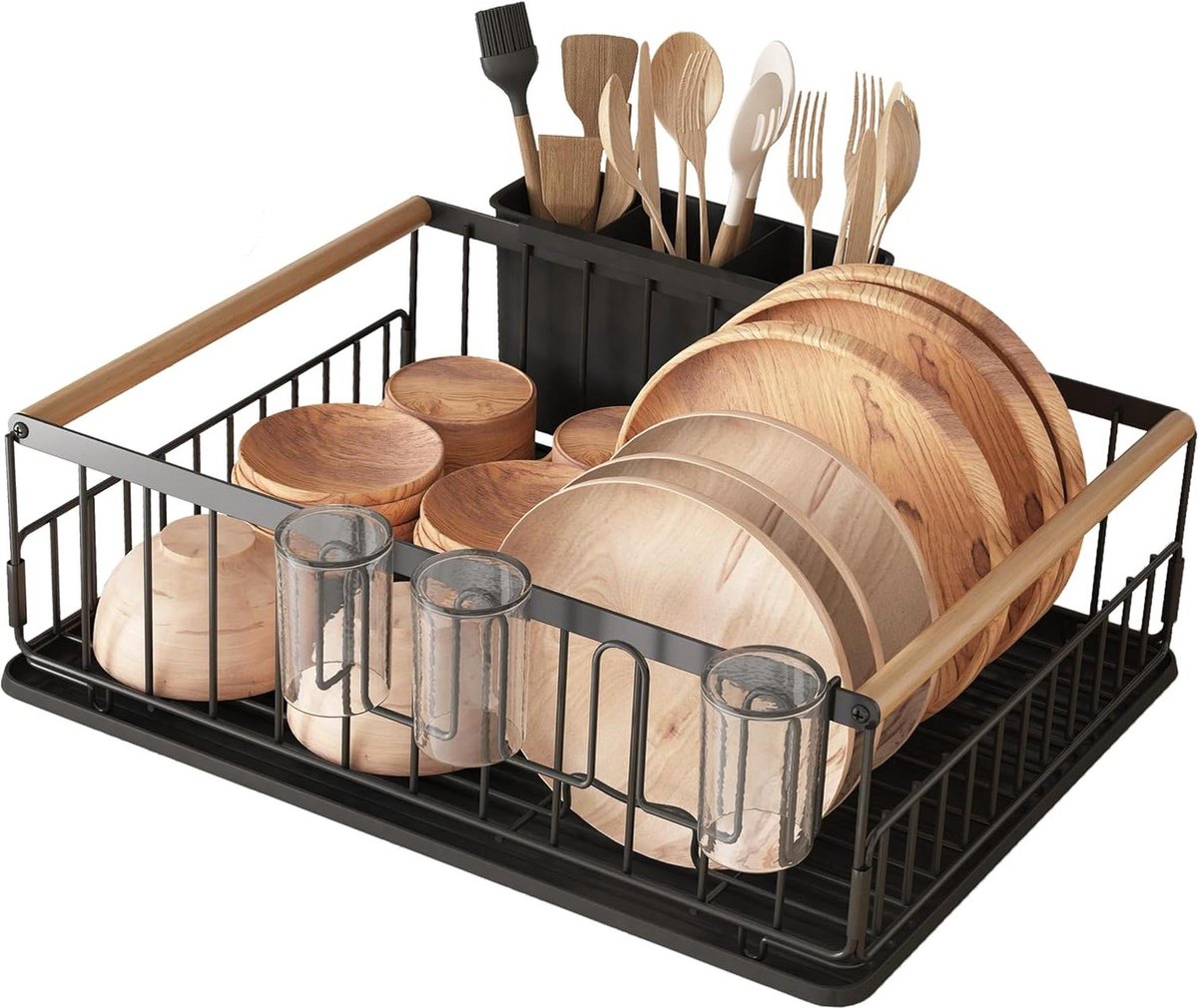 Afdruiprek servies met bestekstandaard lekbak - 43 × 32 × 14 cm (zwart)