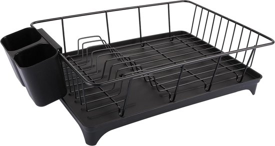 JOHSEATY Afdruiprek van zwart mat metaal (42 x 31,5 x 15,5 cm), afdruiprek met bestekhouder en afdruipbak van plastic, voor de gootsteen, servies, afdruiprek
