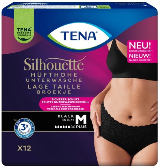 Verpakking van Tena Silhouette heuphoogte ondergoed, zwart, maat M, 12 stuks. 'Neu! Noch diskreter!'