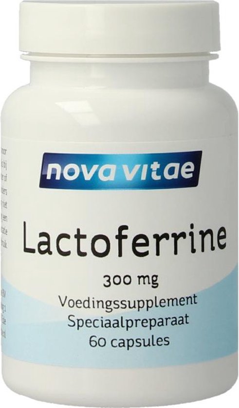 Witte pot met etiket. Nova Vitae Lactoferrine 300 mg. Voedingssupplement, speciaal preparaat. 60 capsules.