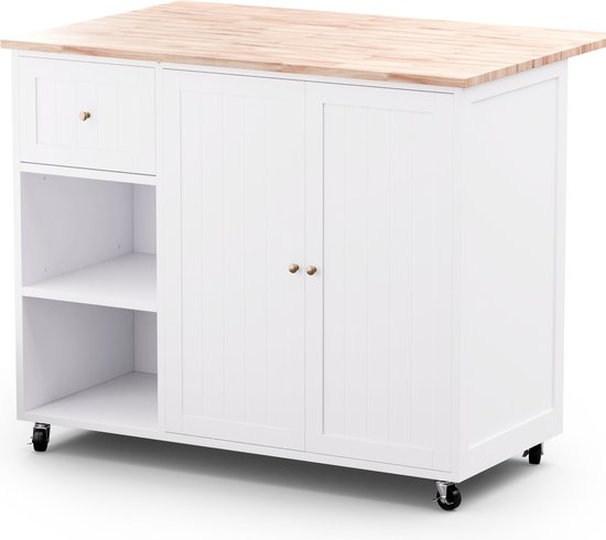 Blumfeldt Etsu Chariot de Service Plan de Travail Extensible 2 Tiroirs 2 Portes 2 Etagères Roues avec Frein de Parking Espace de Rangement Facile d'Entretien - Wit