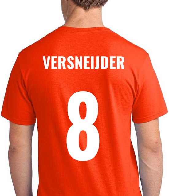 Oranje voetbal EK/WK-shirt met rugtekst Versneijder + NL Leeuw op borst (wit) | Maat L | Oranje EK/WK-shirt Heren - Oranje EK/WK-shirt Dames - Grappig Oranje shirt