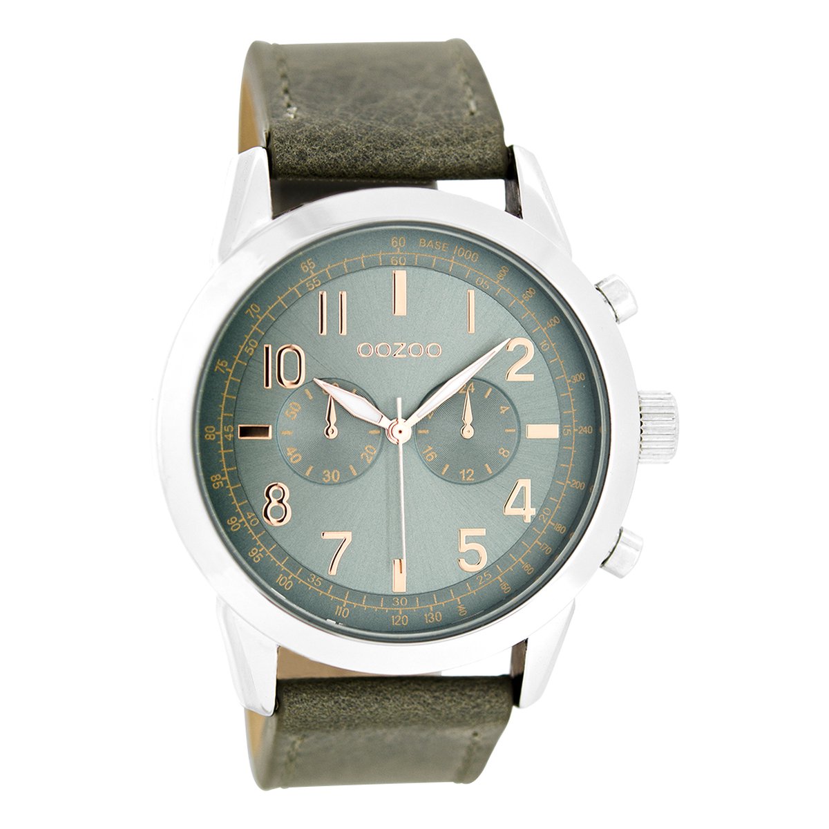 OOZOO Timepieces - Zilverkleurige horloge met groen grijze leren band - C6886