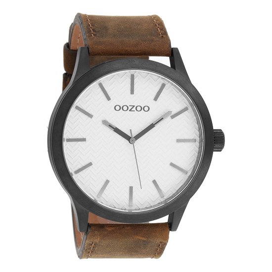 OOZOO Timepieces - Zwarte horloge met donker bruine leren band - C9011