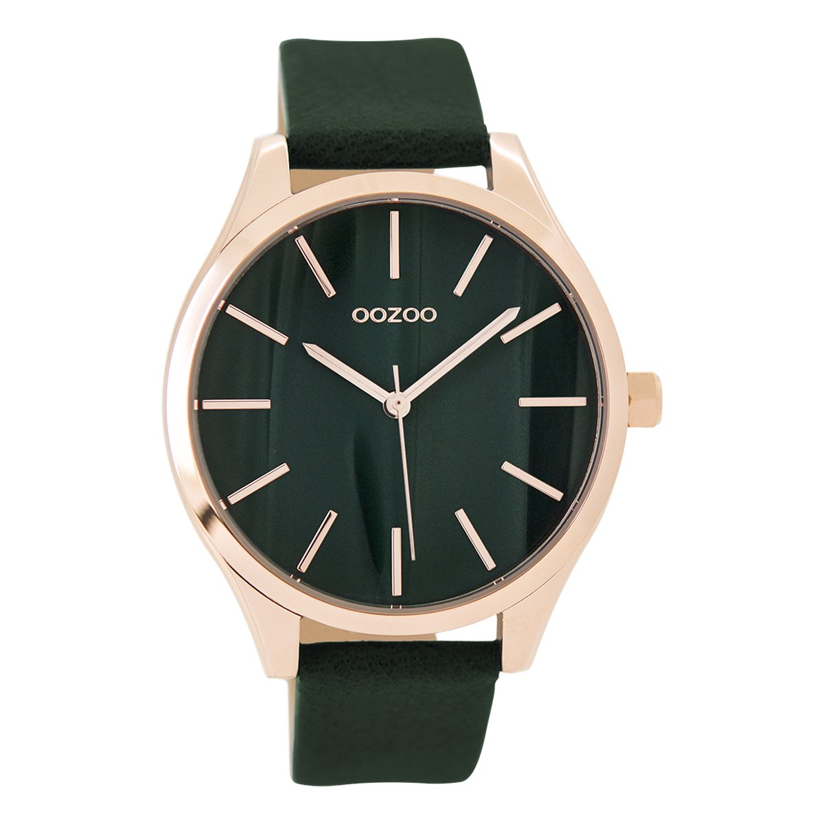 OOZOO Timepieces - Rosé goudkleurige horloge met donker groene leren band - C9503