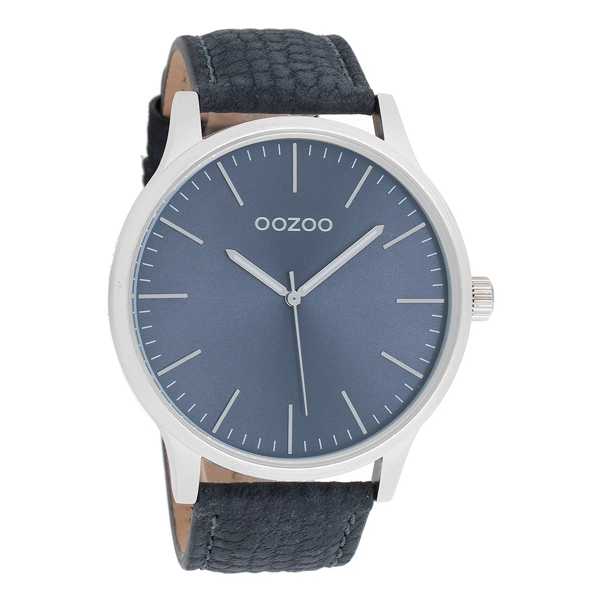 OOZOO Timepieces - Zilverkleurige horloge met donker blauwe leren band - C8537