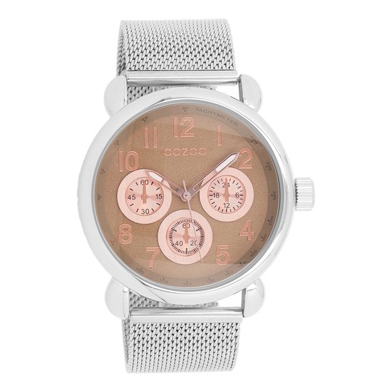 OOZOO Timepieces - Zilverkleurige horloge met zilverkleurige metalen mesh armband - C9610