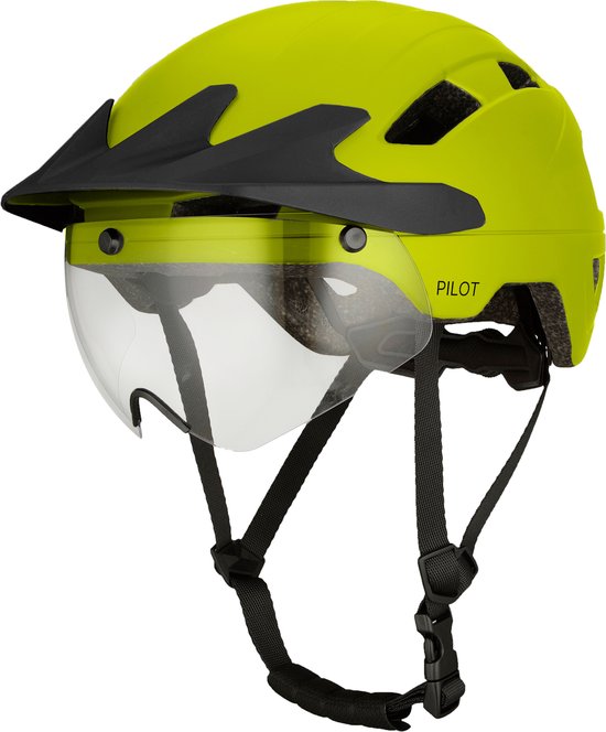 GOOFF® PILOT 4 in 1 speed pedelec helm met afneembaar vizier en regencap - transparant vizier - lichtgewicht snorfiets helm - NTA gecertificeerd speedpedelec helm - maat L fluorgeel - voor vrouwen en mannen