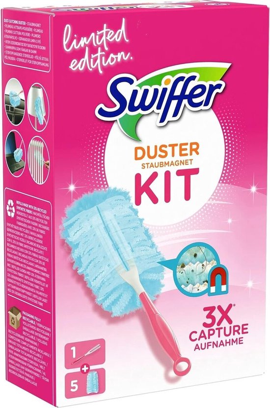 Swiffer Duster Kit, 1 Manico E 1 Panno, Confezione Da 6 Ricambi, Cattura Polvere E Peli, Antiallergico, Per Tutte Le Superfici