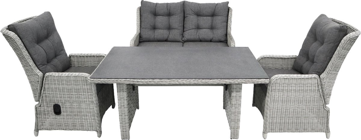 Verstelbare lounge dining set met 2-persoonsbank in Mystic Grey Wicker.