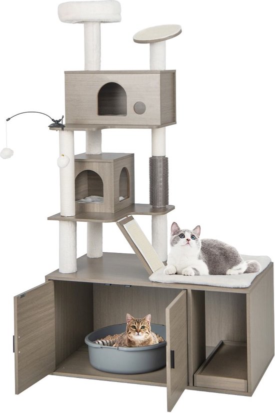 Foto: Suredeal kattenhuis kattenbak krabpaal kast 2 in 1 halmeubel nachtkastje opgeruimde kamer 95x55 5x173 cm kattenmand dressoir bijzetkastje katten dierenhuis