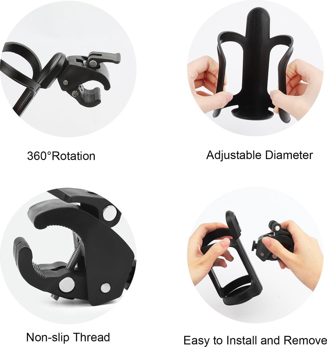 Porte-Gobelet Poussette 3 En 1 Avec Support Téléphone 360° – Accessoire Bébé Universel – Pour Poussette, Vélo, Trottinette – Noir – Gourde, Biberon, Smartphone