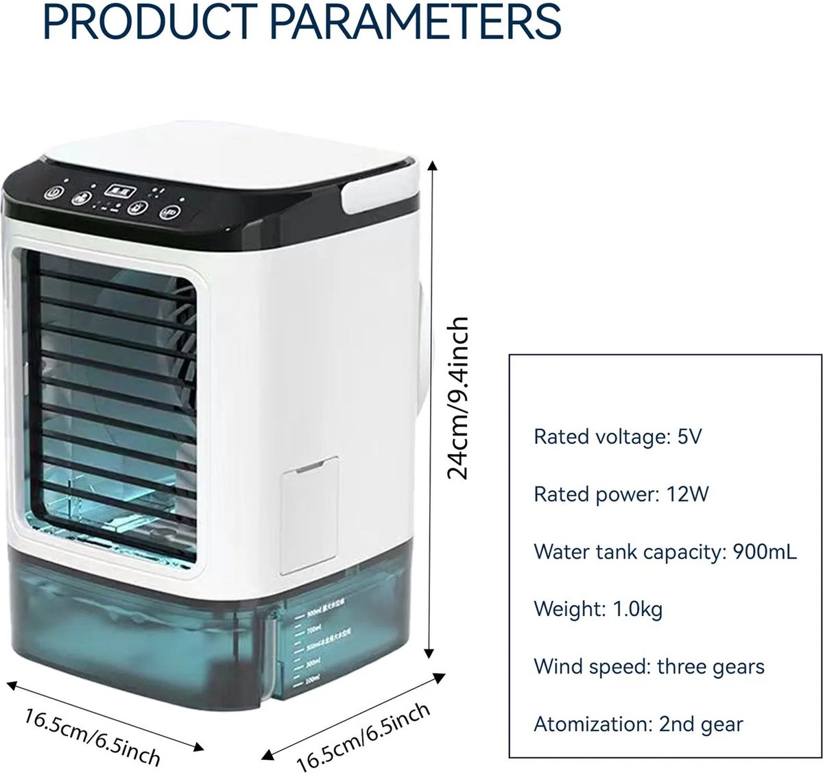 Draagbare Airconditioner - Sterke Mini Ventilator - Weinig geluid - 3 Standen - 900ml Watertank - Met Luchtbevochtiger - Voor Slaapkamer - Kantoor - Wit - 16.5x16.5x24cm — afbeelding 9