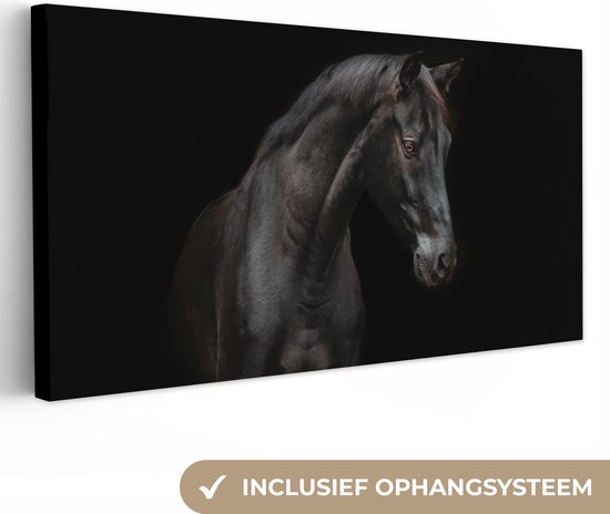 Canvas schilderij 80x40 cm - Wanddecoratie Paard - Dieren - Zwart - Portret - Muurdecoratie woonkamer - Slaapkamer decoratie - Kamer accessoires - Schilderijen