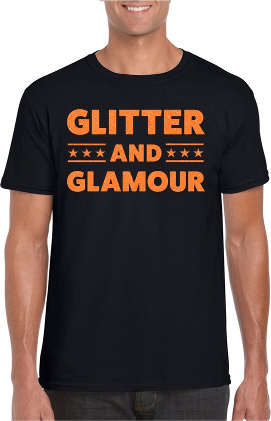 Bellatio Decorations Verkleed T-shirt heren - glitter and glamour - zwart - oranje glitter - carnaval M
