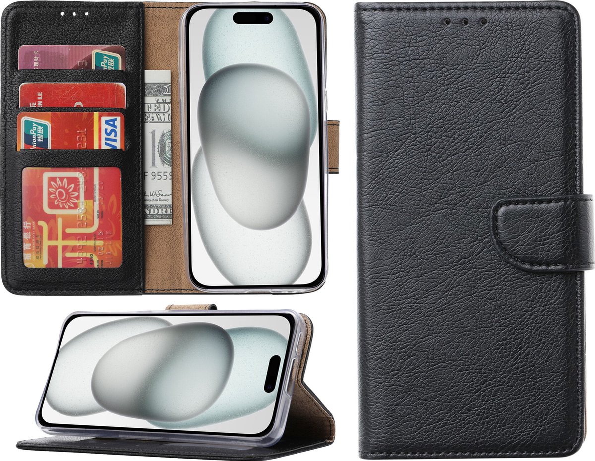 Hoesje geschikt voor iPhone 15 - Bookcase - Pasjeshouder - Kunstleer - Zwart