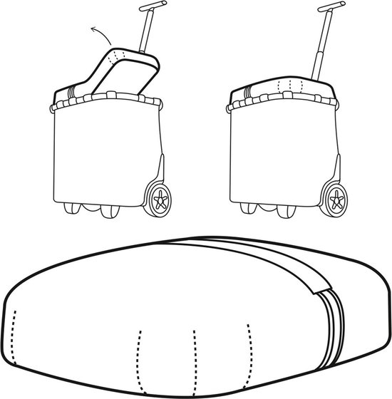 Schematische tekeningen van een boodschappentrolley met deksel en wielen.