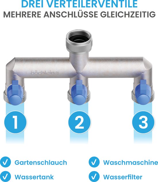 Verdeler met drie G 3/4" aansluitingen en blauwe kranen, genummerd 1, 2, 3. Geschikt voor o.a. tuinslang.
