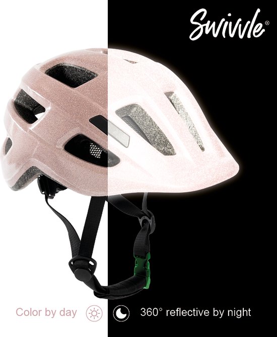 Swivvle® reflecterende fietshelm kinderen - Veilige kinderhelm zichtbaar in het donker - 360° reflector helm in Rosy Pink - maat XS (48-50 cm) - model Spica
