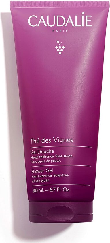 Paarse Caudalie douchegel tube van 200 ml, met tekst. Op een witte achtergrond.