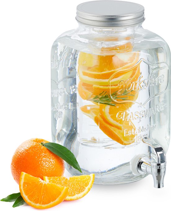 Foto: Relaxdays drankdispenser met infuser tapkraan deksel 5 liter glazen limonadetap doorzichtig 5 liter