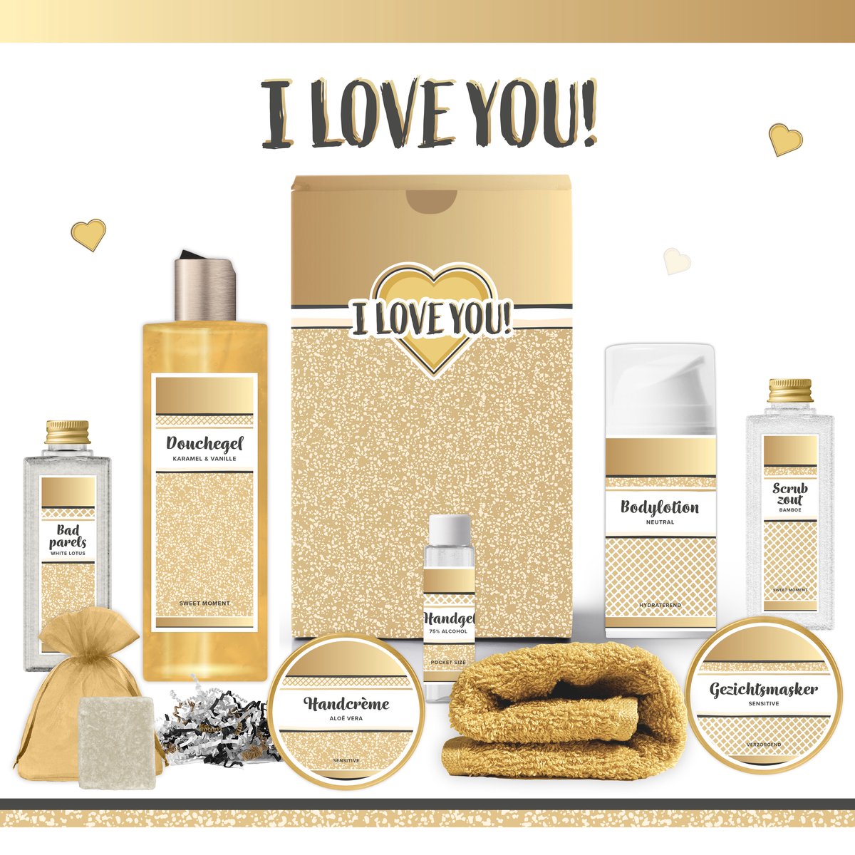 Goedkoopste Geschenkset “I love you!” - 9 producten - 790 gram | Giftset voor haar - Luxe wellness cadeaubox - Speciaal voor jou - Cadeaupakket Vrouw - Geschenk Set Vriendin - Verjaardag - Cadeau Moederdag - Gift Moeder - Kerstpakket - Kerstcadeau - Kerst - Goud