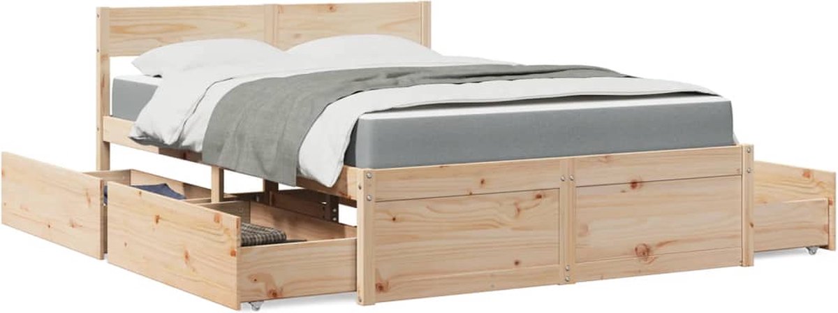 vidaXL Bed - met - lades - en - matras - massief - grenenhout - 140x190 - cm wit en lichtgrijs