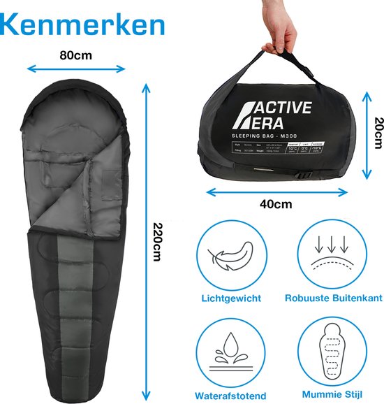 Active Era Professional Premium Slaapzak - 300 GSM Vulling en Waterafstotend - Mummieslaapzak met Binnenzak - 4 Seizoenen voor Kamperen, Camping, Backpacken, Hiken, Festivals, Logeren, Buitenhuis - Volwassenen & Kinderen - 220x80cm - Zwart van Active Era — afbeelding 5