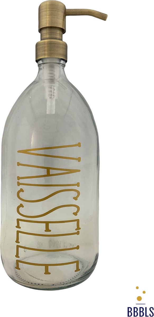 BBBLS® Design Dispenser "Vaisselle" | Transparant Glas | 1 liter | RVS / Metaal Pomp Goud | Zeeppomp | Zeepdispenser | Zeephouder