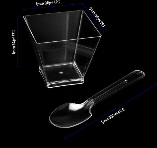 KAHEIGN 60 stuks mini-dessertbekers, 3,8 x 8,3 cm, 85 ml, dessertkommen, kunststof, vierkante dessertbekers, transparant, herbruikbare serveerschaal voor dessert, pudding, mousse, feest