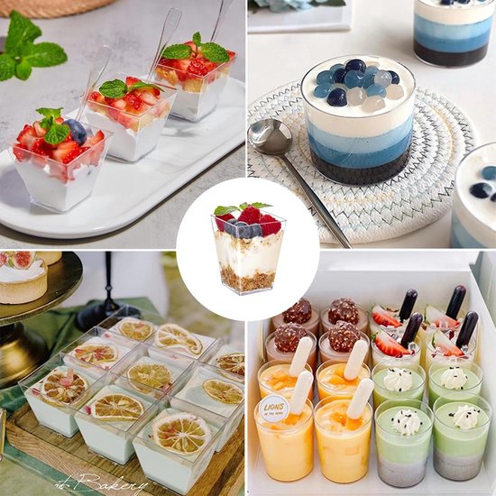 50 stuks dessertglazen van plastic, 160 ml, rond, met deksel en lepels, herbruikbare plastic bekers, dessertglazen, voor doe-het-zelf desserts, pudding, mousse, ijs, bruiloften, verjaardagen, feesten