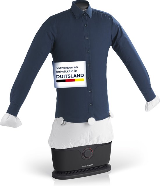 Donkerblauwe blouse met witte manchetten op een zwarte basis unit, met "ontworpen en ontwikkeld in Duitsland".