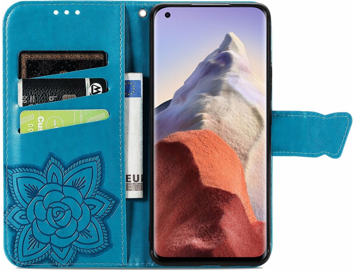 Mobigear Telefoonhoesje geschikt voor POCO C40 Hoesje | Mobigear Butterfly Bookcase Portemonnee | Pasjeshouder voor 3 Pasjes | Telefoonhoesje voor Pinpas / OV Kaart / Rijbewijs - Blauw