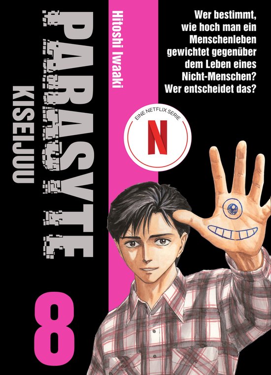 Cover van 'Parasyte' deel 8 met een jongeman met een geruit shirt, een oog-monster getekend op zijn hand en de titel in het Japans.
