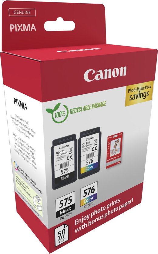Doos met Canon Pixma inktcartridges, PG-575 zwart en CL-576 kleur, met 50 vellen fotopapier.