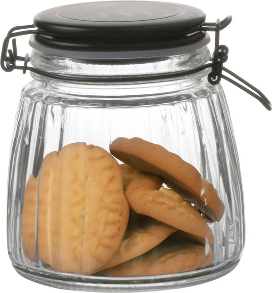 Bocal en verre de 1L avec motif côtelé, fermeture à levier, rempli de biscuits.