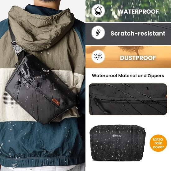 TARION Camera Sling Bag, Waterdichte Camera Reistas Fotografie Rugzak Camera Schoudertas met Regenhoes voor DSLR SLR Camera's Lens, Tr-s, Grijs en Zwart, S, Messenger Tas