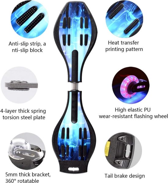 ERNAN Waveboard waveboard met led-wielen, voor kinderen, street surfen, casters, torsie, skateboard, double decks, casterboard voor kinderen/tieners (Phantom Black