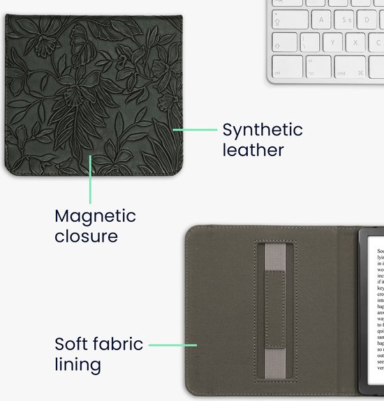 kwmobile e-reader hoesje geschikt voor Kobo Libra Colour hoes - E reader flip case met magneetsluiting - Ereader cover - Bloemen in reliëf design in groen van Merkloos — afbeelding 2