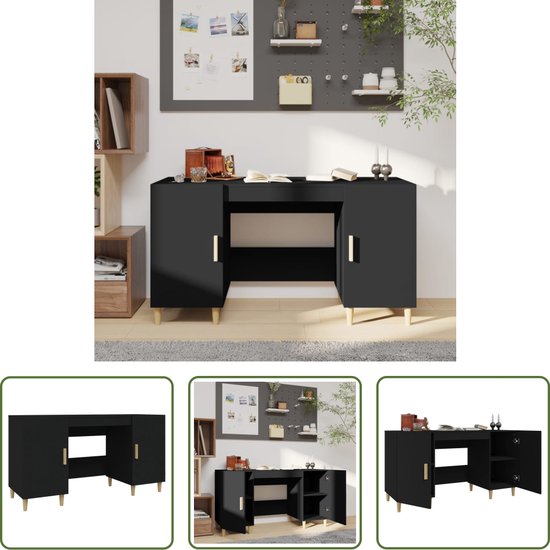 Foto: The living store bureau meubel 140 x 50 x 75 cm zwart houten bureau met opbergruimte