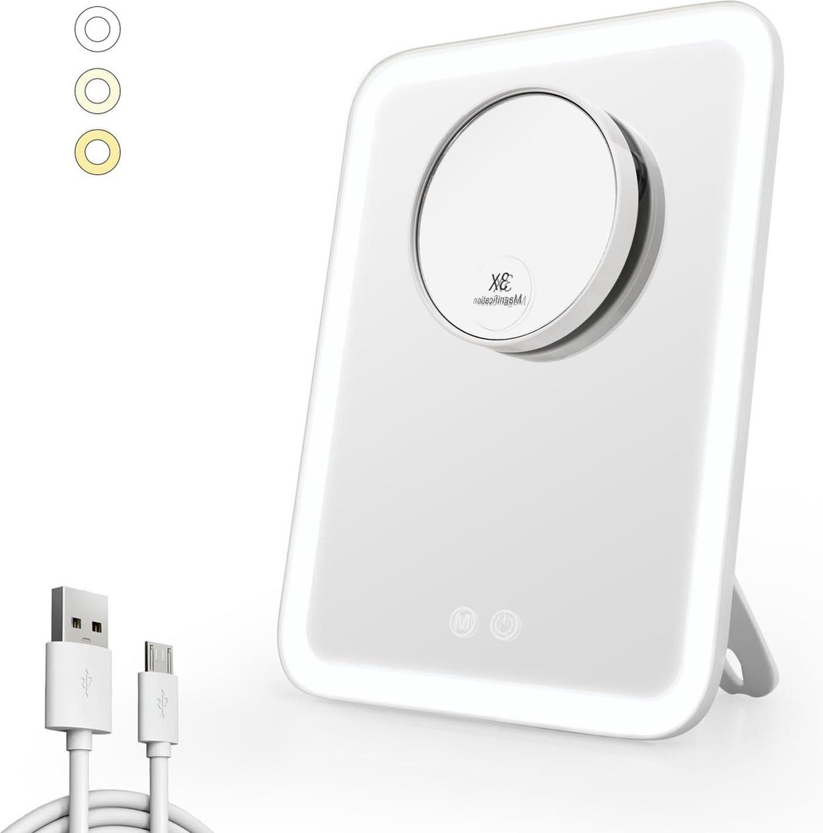 Make-upspiegel met verlichting - 3 lichtkleuren - USB-oplaadbaar - 180 graden draaibaar - wit